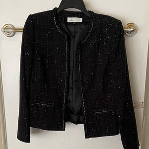 Tahari Black Tweed Collarless Blazer with Metallic Thread